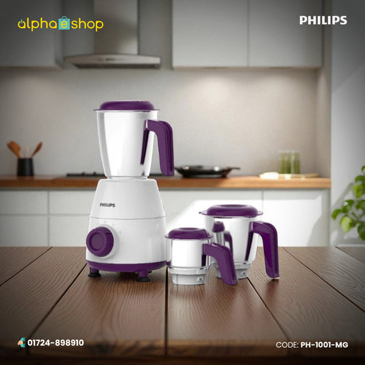 Philips Daily Collection 500W Mixer Grinder (PH-1001-MG) in white and purple with 3 stainless steel jars. Available at Alphaeshop.