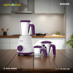 Philips Daily Collection 500W Mixer Grinder (PH-1001-MG) in white and purple with 3 stainless steel jars. Available at Alphaeshop.