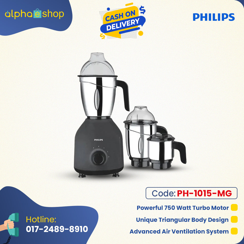 Philips Daily Collection 750W Mixer Grinder (PH-1015-MG) in black with 3 stainless steel jars, turbo motor, and triangular body design.