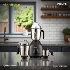 Philips Daily Collection 750W Mixer Grinder (PH-1015-MG) in black with 3 stainless steel jars. Available at Alphaeshop.