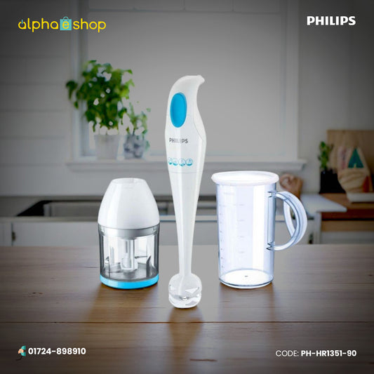 Philips Daily hand blender set with chopper jar and measuring cup in white and blue. Available at Alphaeshop.