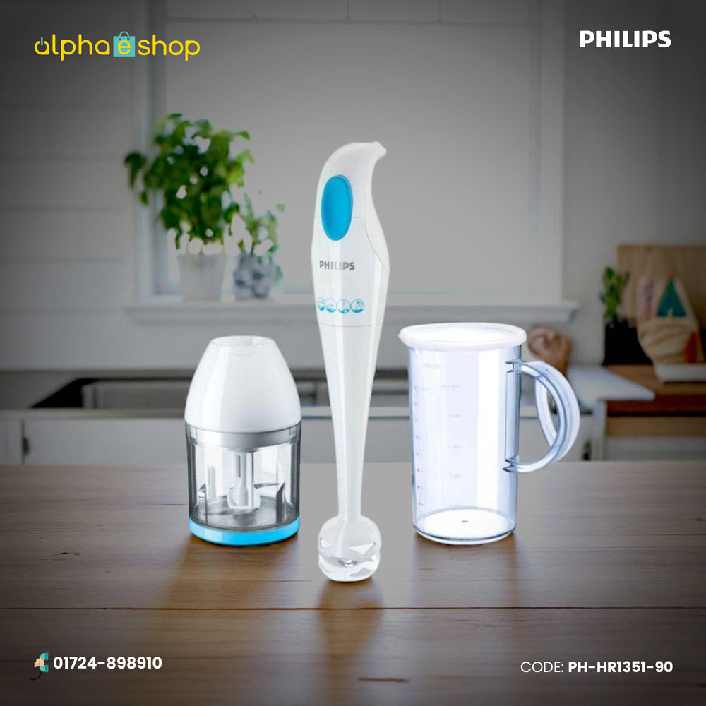 Philips Daily hand blender set with chopper jar and measuring cup in white and blue. Available at Alphaeshop.