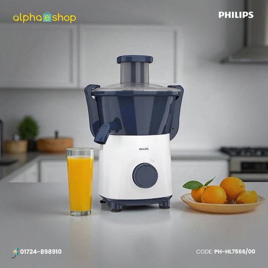 Philips HL7566/00 Daily Collection 500W juicer in white and blue with large pulp container and juice spout.