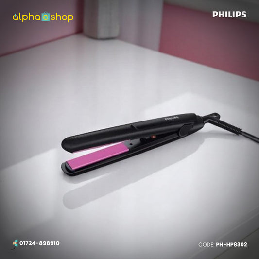 Philips HP8302 Essential Selfie black-pink hair straightener with ceramic plates and compact design.