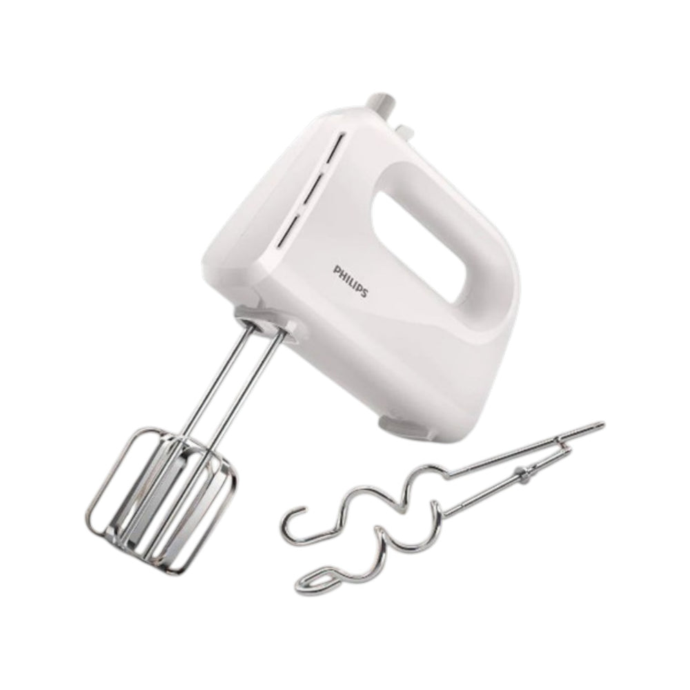 Philips HR3705/20 white hand mixer with stainless steel beaters and dough hooks, model PH-1117-HM.