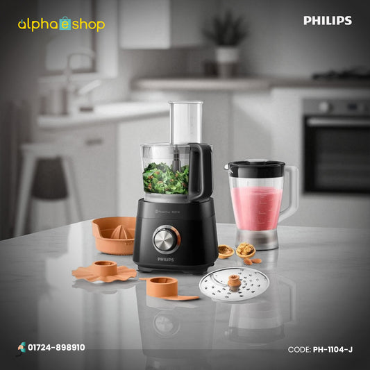 Philips HR7510 800W black food processor with blender jar, chopping bowl, citrus press and slicing/grating attachments.