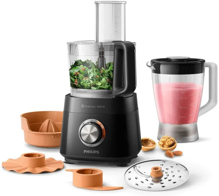 Philips HR7510 800W black food processor with blender jar, chopping bowl, citrus press and slicing/grating disc.