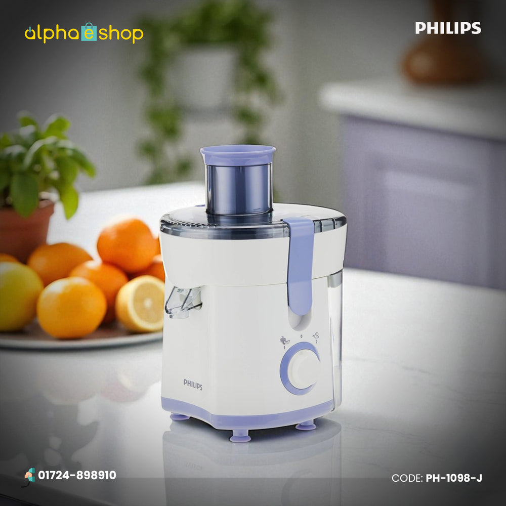 Philips HR1811 Juicer in white and lavender, featuring 2 speed settings for efficient juicing. Available at Alphaeshop.