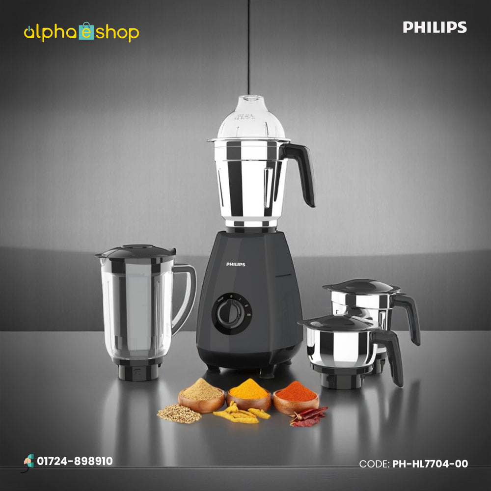 Philips 1000W Juicer Mixer Grinder (PH-HL7704-00) in black, featuring multiple stainless steel jars and a powerful motor. Available at Alphaeshop.