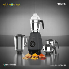 Philips 1000W Juicer Mixer Grinder (PH-HL7704-00) in black, featuring multiple stainless steel jars and a powerful motor. Available at Alphaeshop.