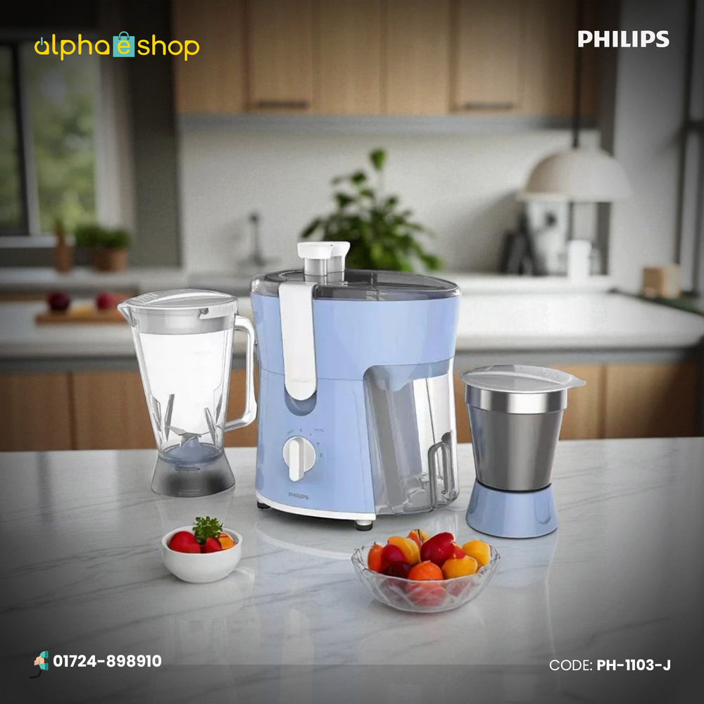 Philips HL7575 Juicer Mixer Grinder (PH-1103-J) in blue, featuring 2 jars for efficient juicing and grinding. Available at Alphaeshop.