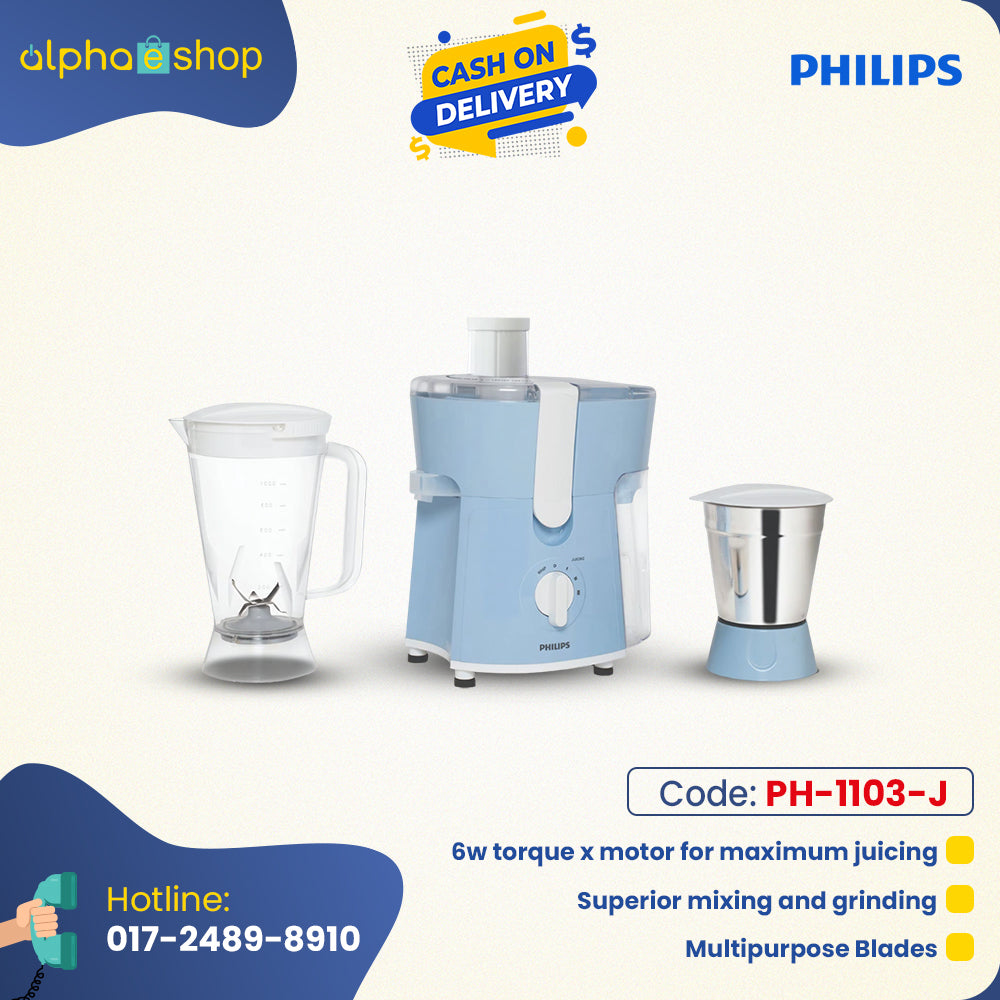 Philips HL7575 Juicer Mixer Grinder (PH-1103-J) in blue with 2 jars, featuring torque motor for juicing and multipurpose blades. Available at Alphaeshop.