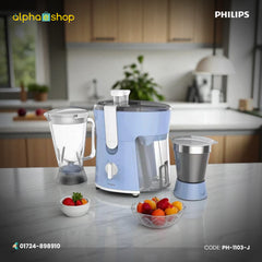 Philips HL7575 Juicer Mixer Grinder (PH-1103-J) in blue, featuring 2 jars for efficient juicing and grinding. Available at Alphaeshop.