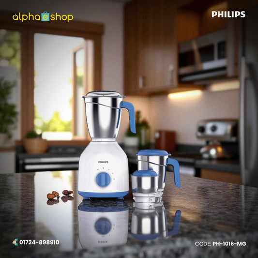 Philips 600W Mixer Grinder (PH-1016-MG) in celestial blue and white with 3 stainless steel jars. Available at Alphaeshop.