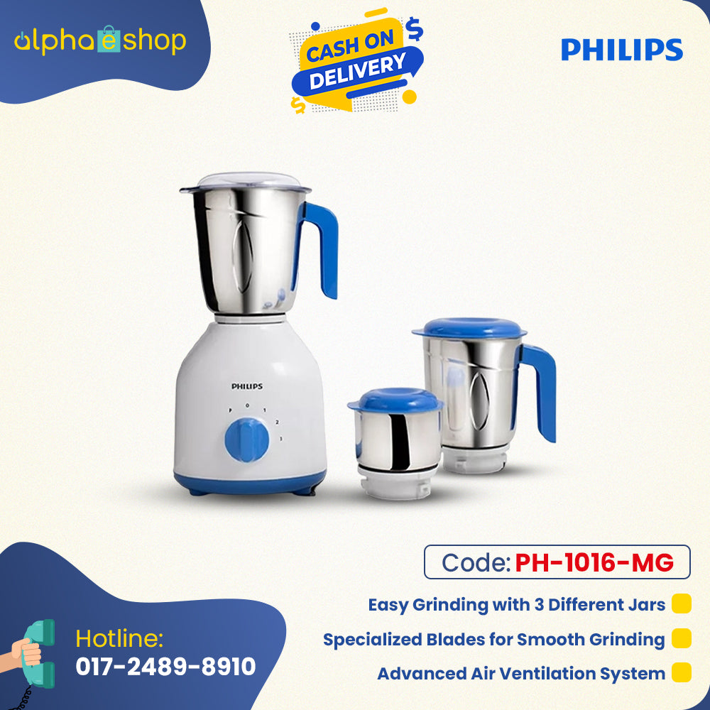 Philips 600W Mixer Grinder (PH-1016-MG) in blue and white with 3 stainless steel jars, specialized blades, and advanced air ventilation.