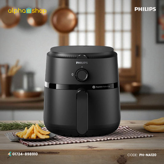 Philips NA120/00 4.2L black airfryer with Rapid Air Technology, manual time and temperature controls, model PH-NA120.