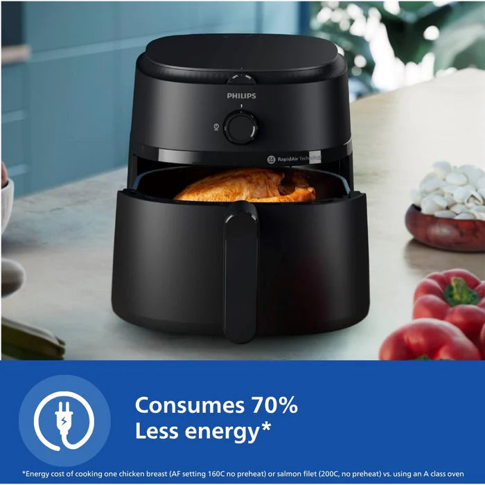 Philips NA120/00 4.2L black airfryer with RapidAir Technology, manual controls and up to 70% less energy consumption.