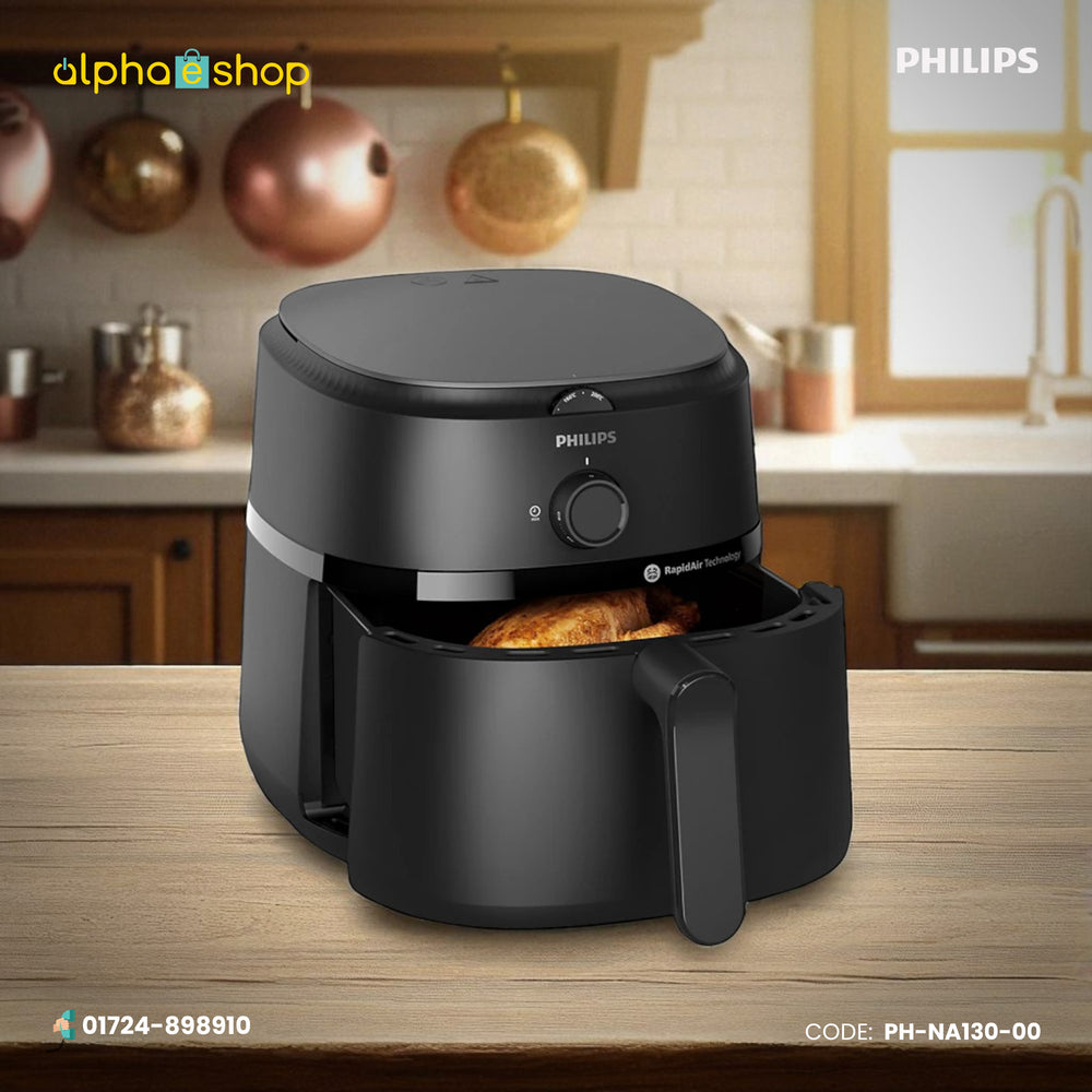 Philips NA130/00 6.2L black extra large airfryer with Rapid Air Technology, manual controls and pull-out cooking basket.