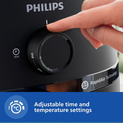 Philips NA130/00 6.2L black airfryer with RapidAir Technology and adjustable time and temperature controls.