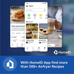 Philips NA130/00 6.2L airfryer with HomeID app support offering 500+ airfryer recipes and cooking inspiration.