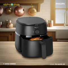 Philips NA130/00 6.2L black extra large airfryer with Rapid Air Technology, manual controls and pull-out cooking basket.