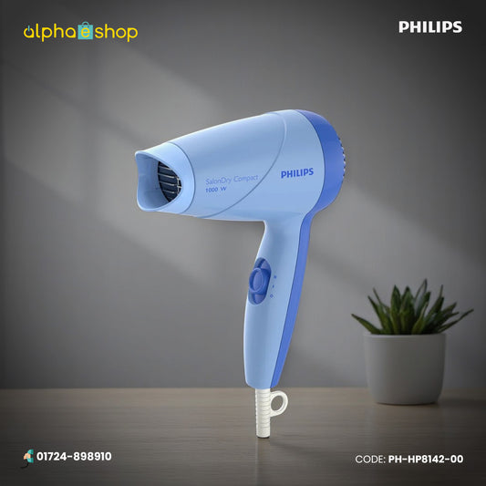 Philips SalonDry Compact 1000W blue hair dryer with 2-speed control and hanging loop, model PH-HP8142-00.