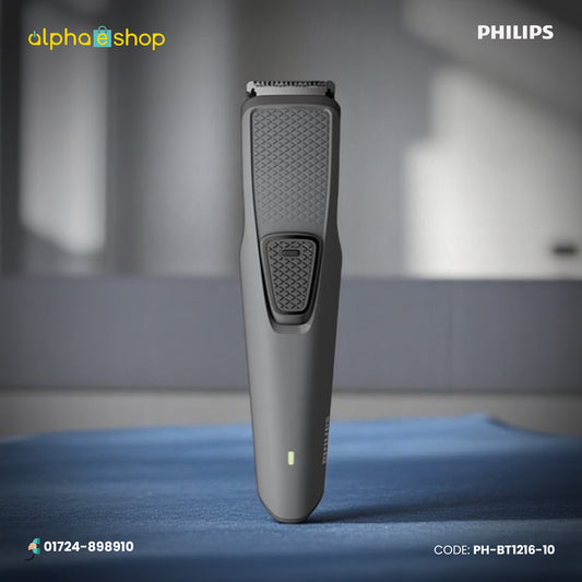 Philips Series 1000 black-grey beard trimmer with stainless steel blades and rechargeable design, model PH-BT1216-10.