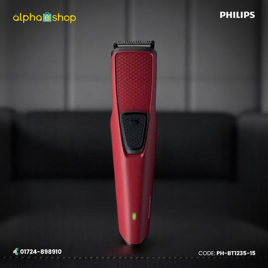 Philips Series 1000 red beard trimmer with stainless steel cutting blades and rechargeable design, model PH-BT1235-15.