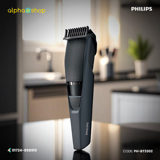 Philips Series 3000 black beard trimmer with adjustable trimming comb and length control dial, model PH-BT3302.