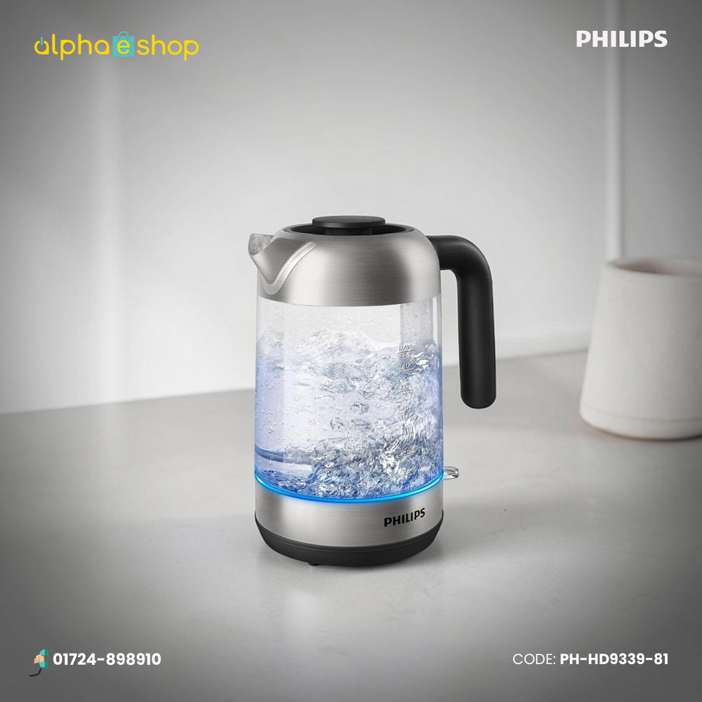 Philips HD9339/81 Series 5000 glass electric kettle with blue light indicator, stainless steel accents and black handle.