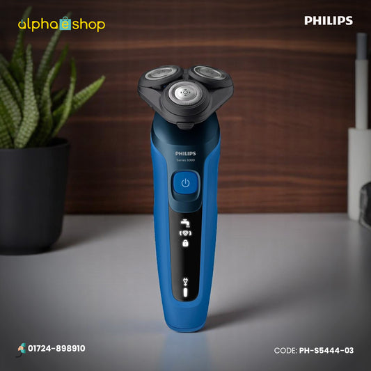 Philips Series 5000 blue wet and dry electric shaver with 3 rotary heads and digital status indicators, model PH-S5444-03.