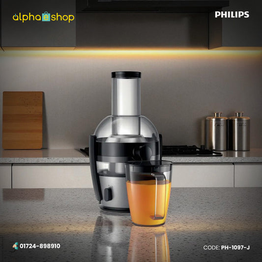 Philips Viva Collection 700W Juicer (PH-1097-J) in black and silver with juice collector jar. Available at Alphaeshop.