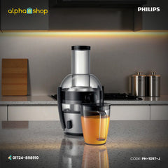 Philips Viva Collection 700W Juicer (PH-1097-J) in black and silver with juice collector jar. Available at Alphaeshop.