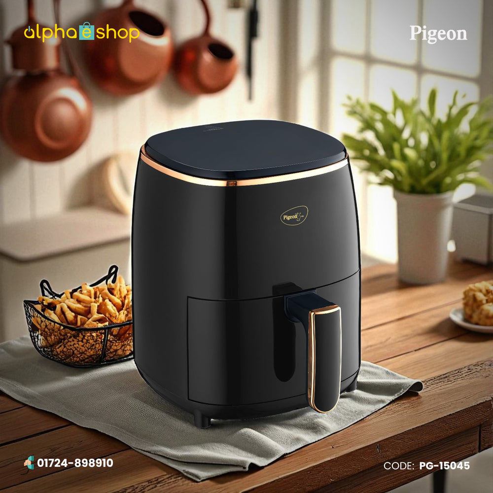 Pigeon Healthifry 4.2L digital air fryer in black with rose gold trim. Available at Alphaeshop.