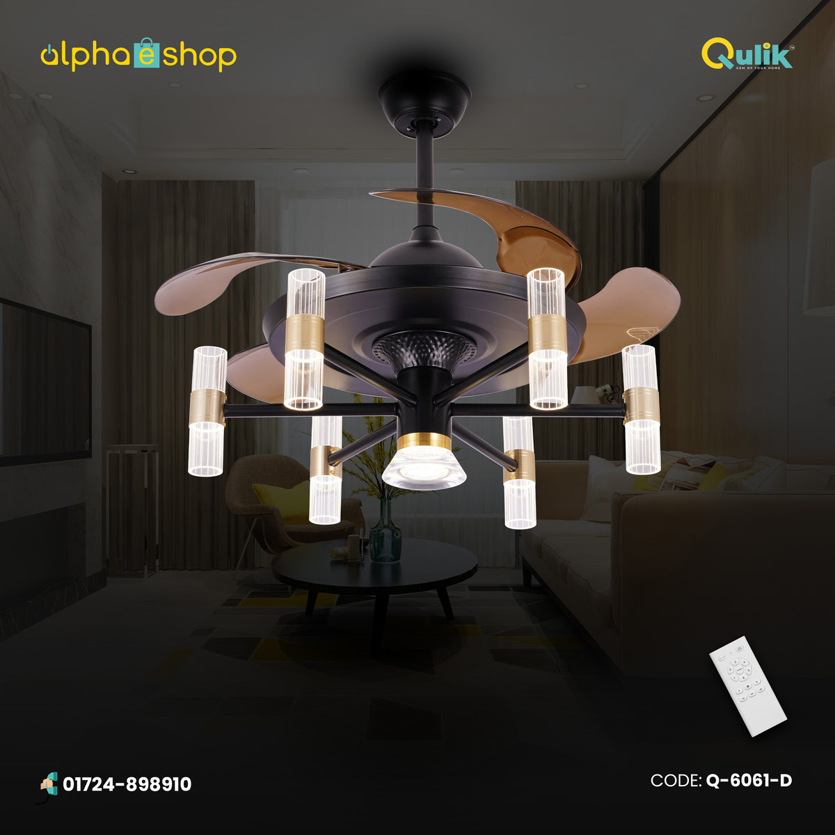 Qulik 48 Inch Modern Chandelier Retractable Invisible Blade Silent 3 Color Change LED Remote Ceiling Fan (Black) Q-6061-D