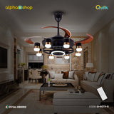 Qulik 48 Inch Modern Chandelier Retractable Invisible Blade Silent 3 Color Change LED Remote Ceiling Fan (Black) Q-6073-B
