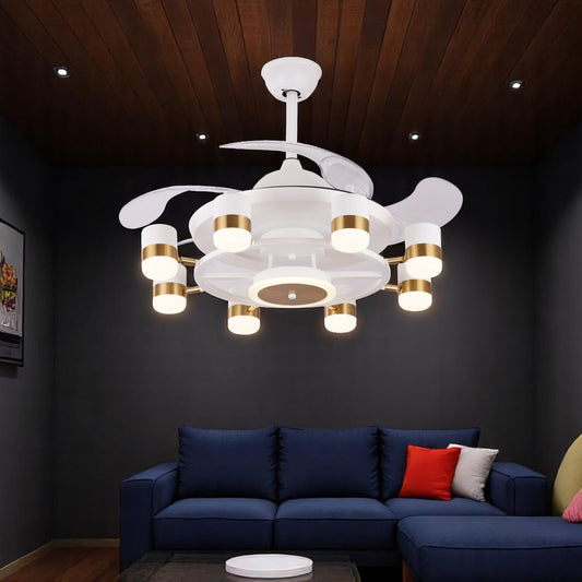Qulik 48" Crystal Chandelier Retractable Invisible Blade Silent 3 Color Change LED Remote Ceiling Fan (White) | Q-K6503-WH