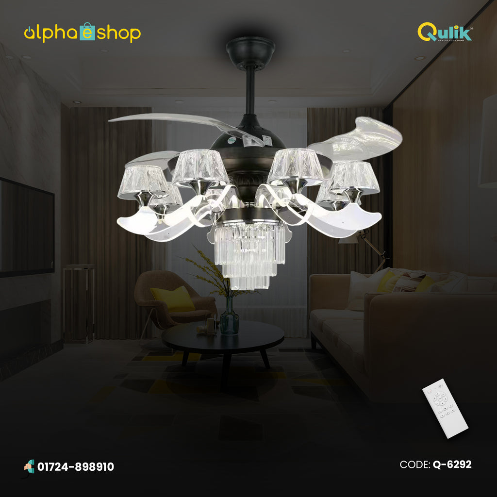 Qulik Q-6292 48 Inch Modern Chandelier Ceiling Fan - 4-Blade, LED Light, 3 Color Change, Remote Control (Black)