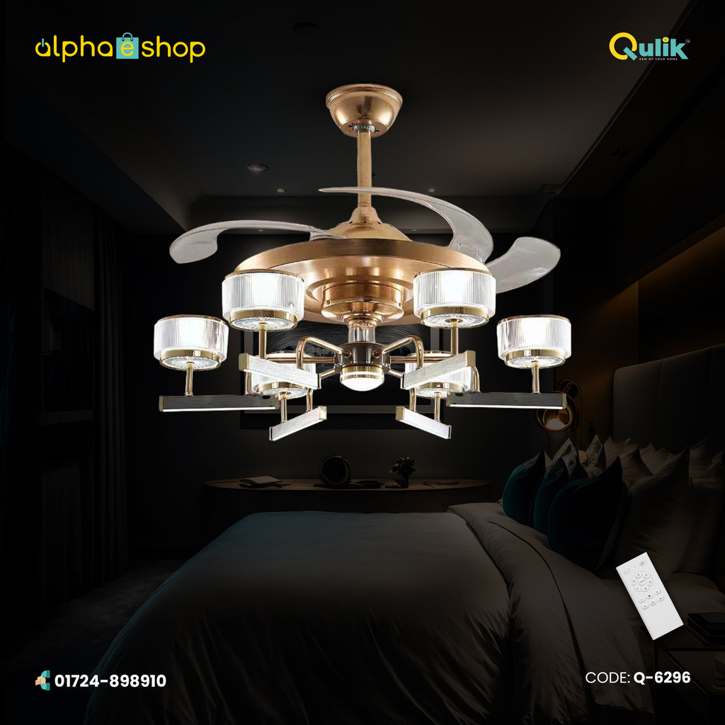 Qulik 48 Inch Modern Chandelier Retractable Invisible Blade Silent 3 Color Change LED Remote Ceiling Fan (Golden) Q-6296