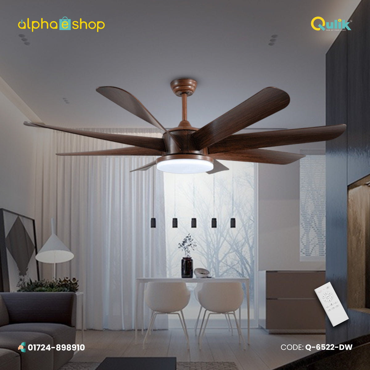 Qulik 60 Inch Modern Decorative Silent ABS Blade Under light with Remote Ceiling Fan (DarK Wood) Q-6522-DW