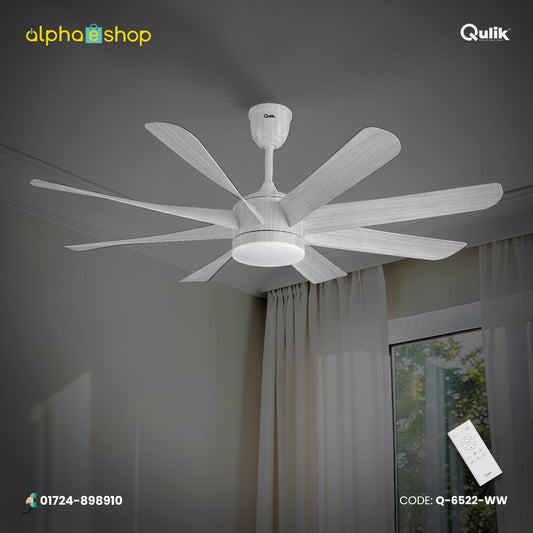 Qulik Helix UL 60"- Modern Decorative Silent ABS Blade Under light with Remote Ceiling Fan (White Wood) Q-6522-WW
