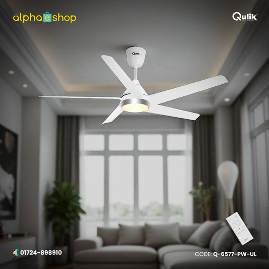 Qulik Alpha Edge 5B 53"- Decorative Energy Saving BLDC Remote Control Underlight Ceiling Fan (Parle White) | Q-6577-PW-UL