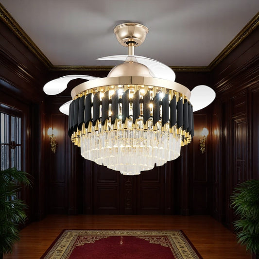 Qulik 48" Crystal Chandelier Retractable Invisible Blade Silent 3 Color Change LED Remote Ceiling Fan (Golden) | Q-T7456