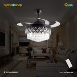 Qulik 48 inch Crystal Chandelier Retractable Invisible Blade MP3 Silent 3 Color Change LED Remote Ceiling Fan (Golden) Q-7459-BK
