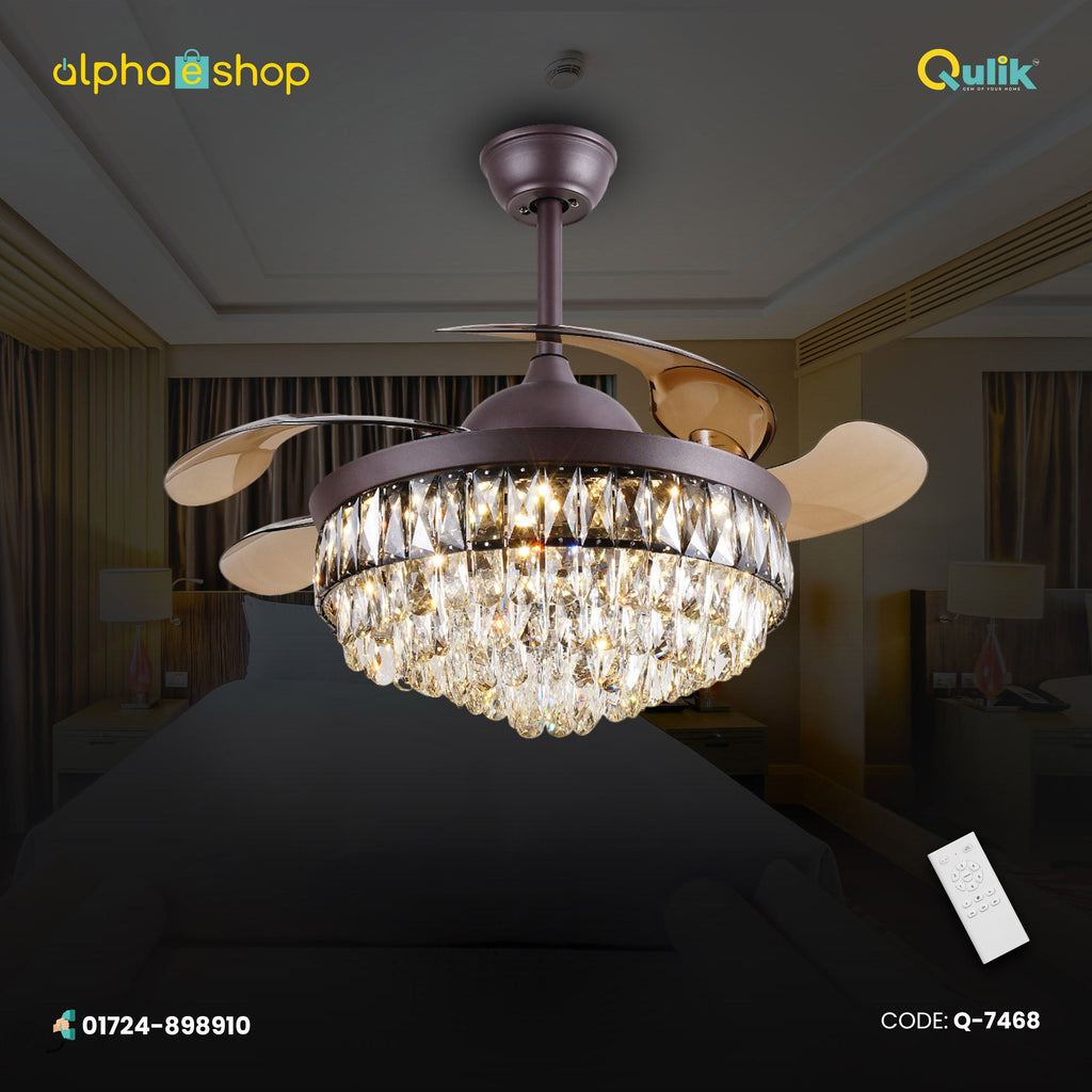 Qulik C12 48" Crystal Chandelier Retractable Invisible Blade MP3 Silent 3 Color Change LED Remote Ceiling Fan (Brown) Q-7468 - Modern Luxury Ceiling Fan with Crystal Chandelier Style