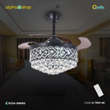 Qulik 48 Inch Crystal Chandelier Retractable Invisible Blade MP3 Silent 3 Color Change LED Remote Ceiling Fan Q-7900-BK