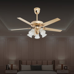 Qulik Luxoria UL 52" -Glass Flower Lampshade Copper Motor Remote Control Under-light Ceiling Fan Q-8118-NG