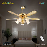 Qulik 52" European Style Ceiling Fan - Q-8118-NG. Elegant Green Bronze finish with glass flower design, pure copper movement, LED lighting, and remote control. Perfect for living rooms, bedrooms, and dining areas.