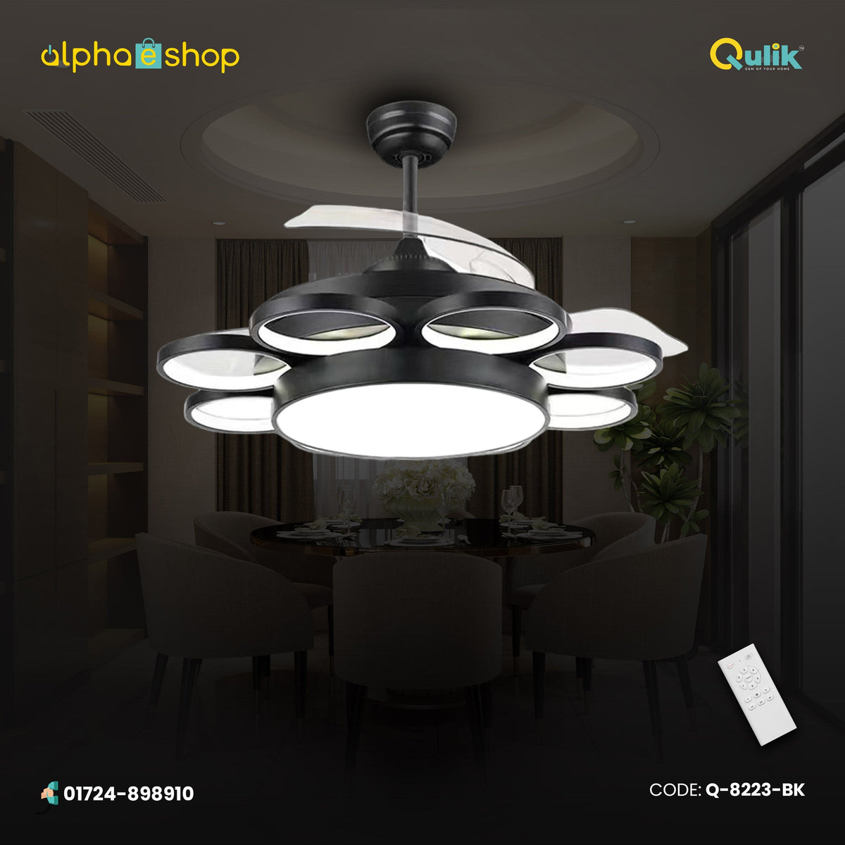 Qulik 48 Inch Modern Chandelier Retractable Invisible Blade Silent 3 Color Change LED Remote Ceiling Fan (Golden) Q-8223-BK