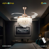 Qulik 48" Crystal Chandelier Retractable Invisible Blade MP3 Silent 3 Color Change LED Remote Ceiling Fan (Golden) Q-8255-W